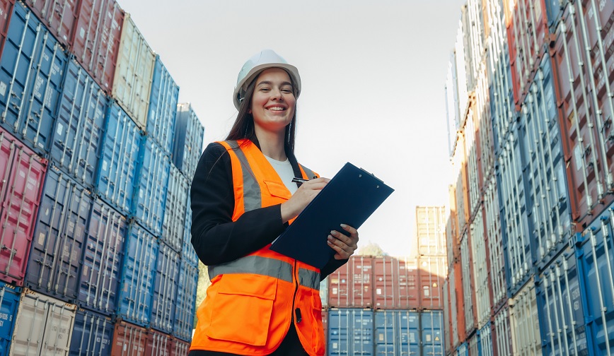 Woman Engineer with Clip Folder in white helmet and vest working in container terminal port