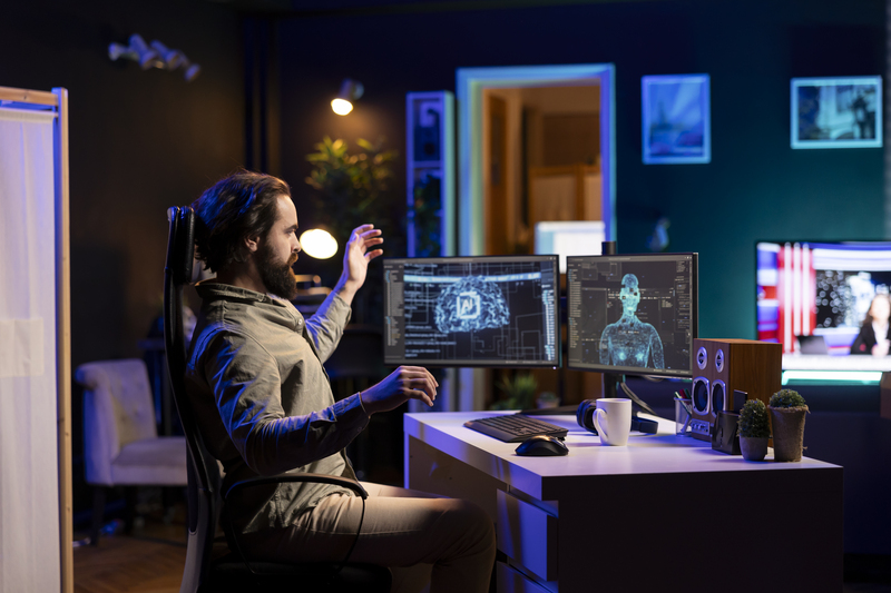 IT professional in home office worried by conscious artificial intelligence