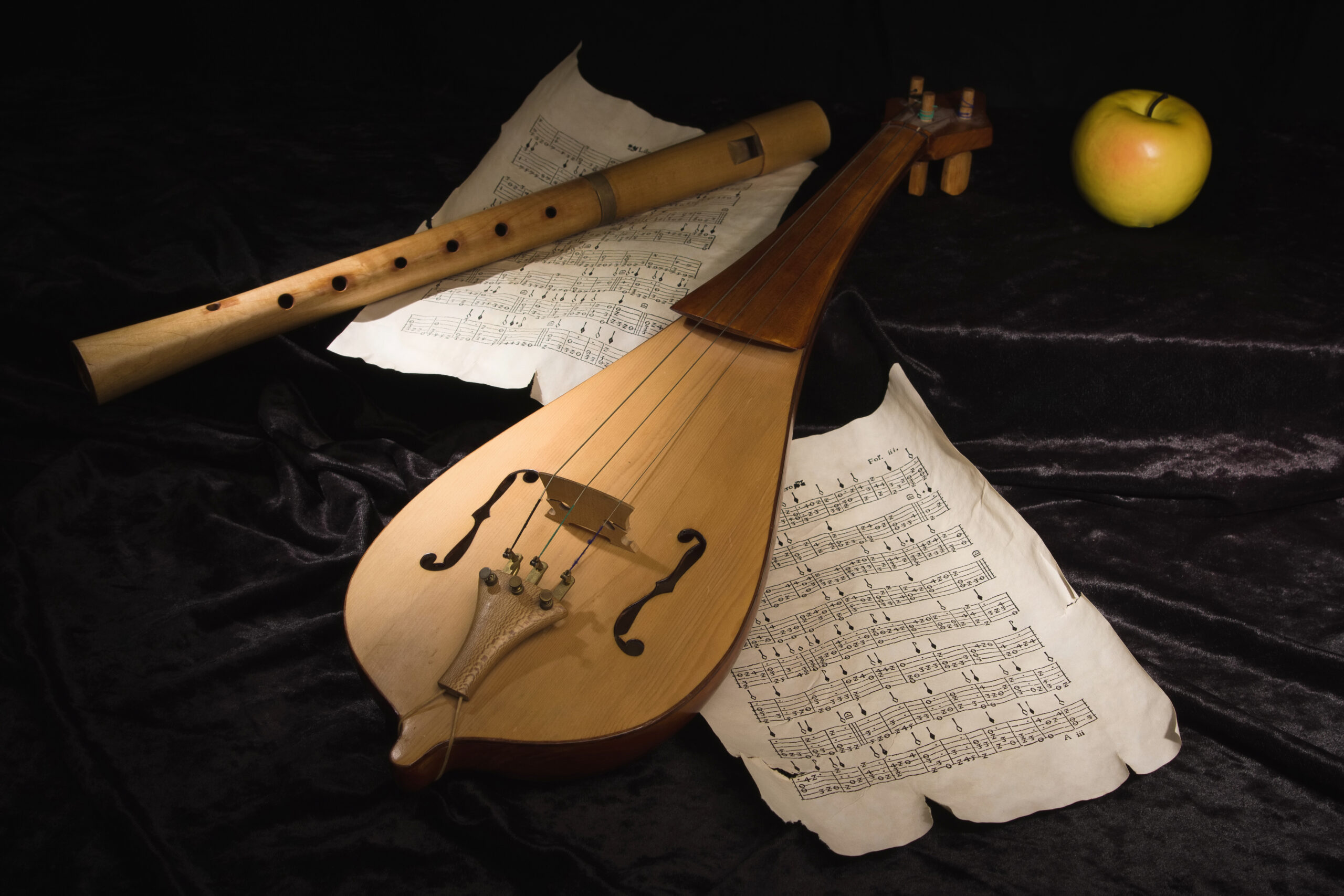 Renaissance,Violin,(rebec),And,Alto,Recorder,In,A,Dark,Room
